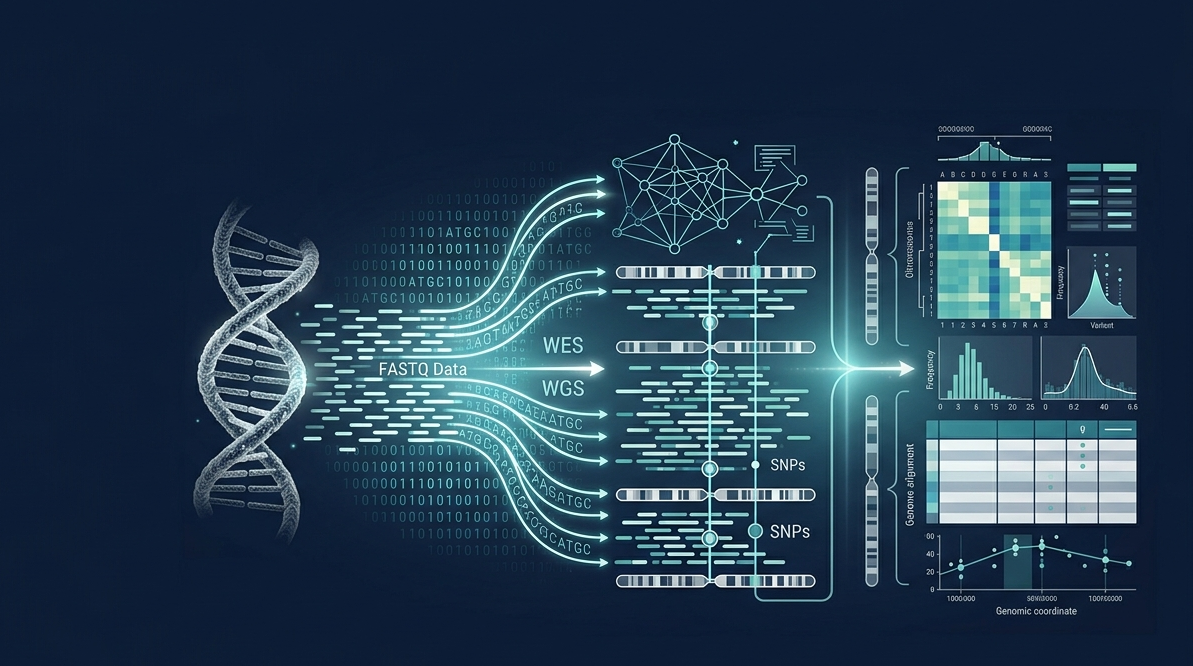 Genomic analysis workflow: a DNA double helix resolving into FASTQ reads, reads aligning across chromosome tracks with SNP calls marked, and variant frequency and genome alignment charts